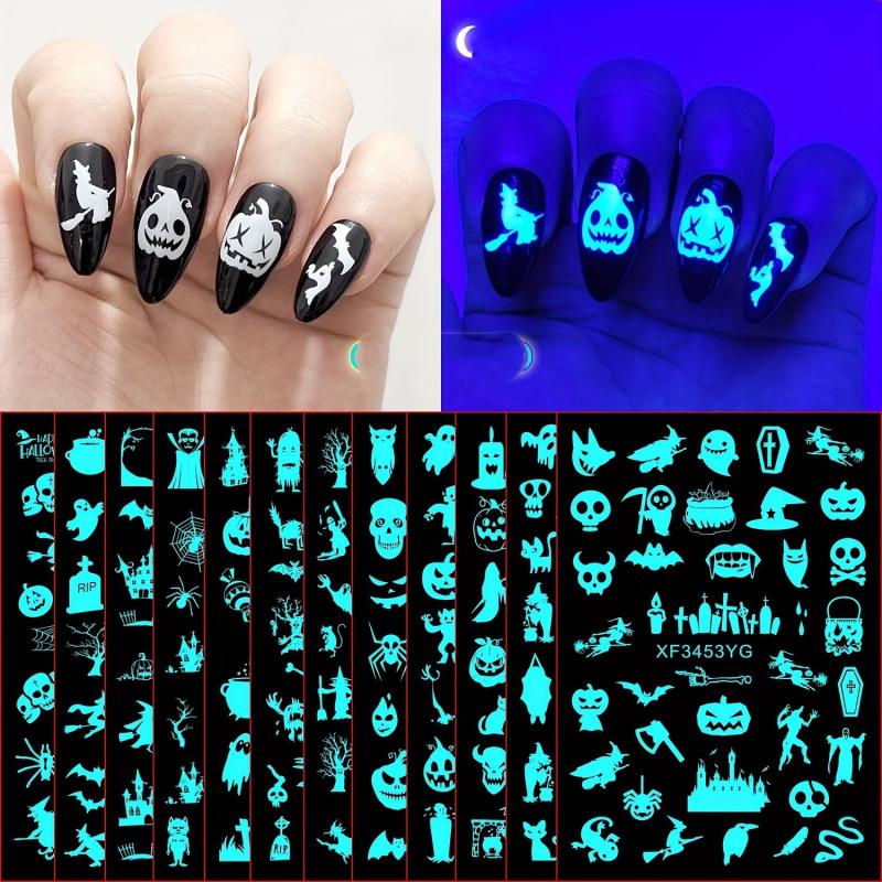 12pcs Luminous Halloween Nail Art Stickers Skull Pumpkin Bat Nail Art Decals