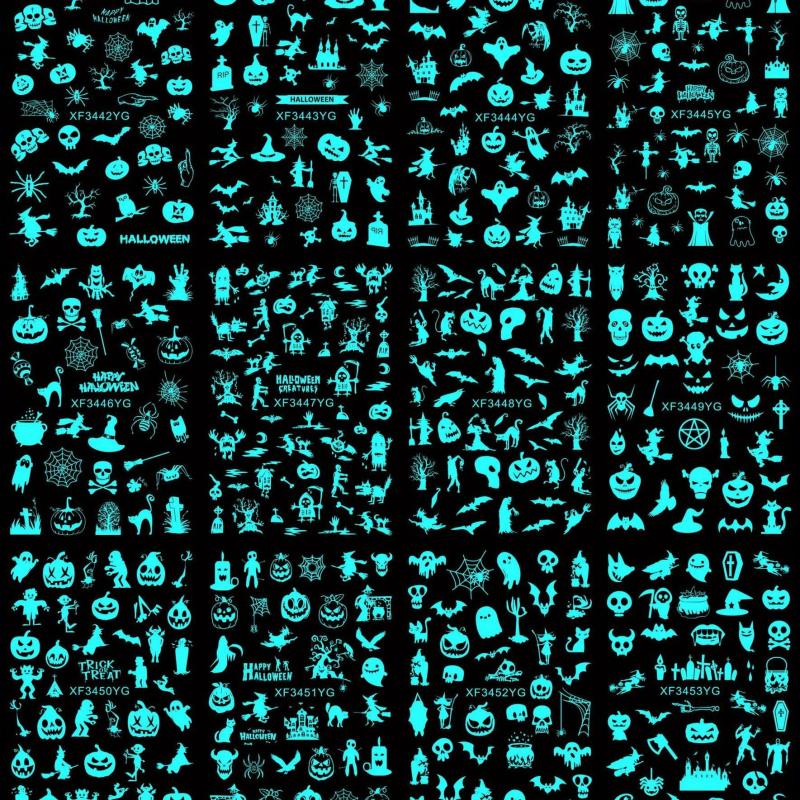 12pcs Luminous Halloween Nail Art Stickers Skull Pumpkin Bat Nail Art Decals