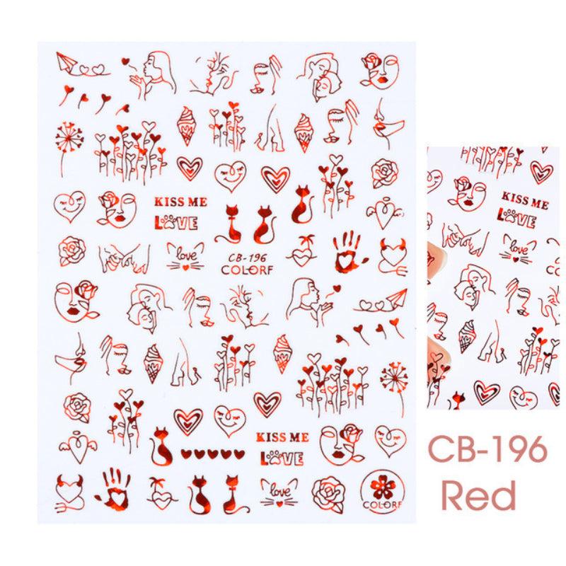 2 Sheets Red Heart Rose Nail Art Stickers For Valentine's Day