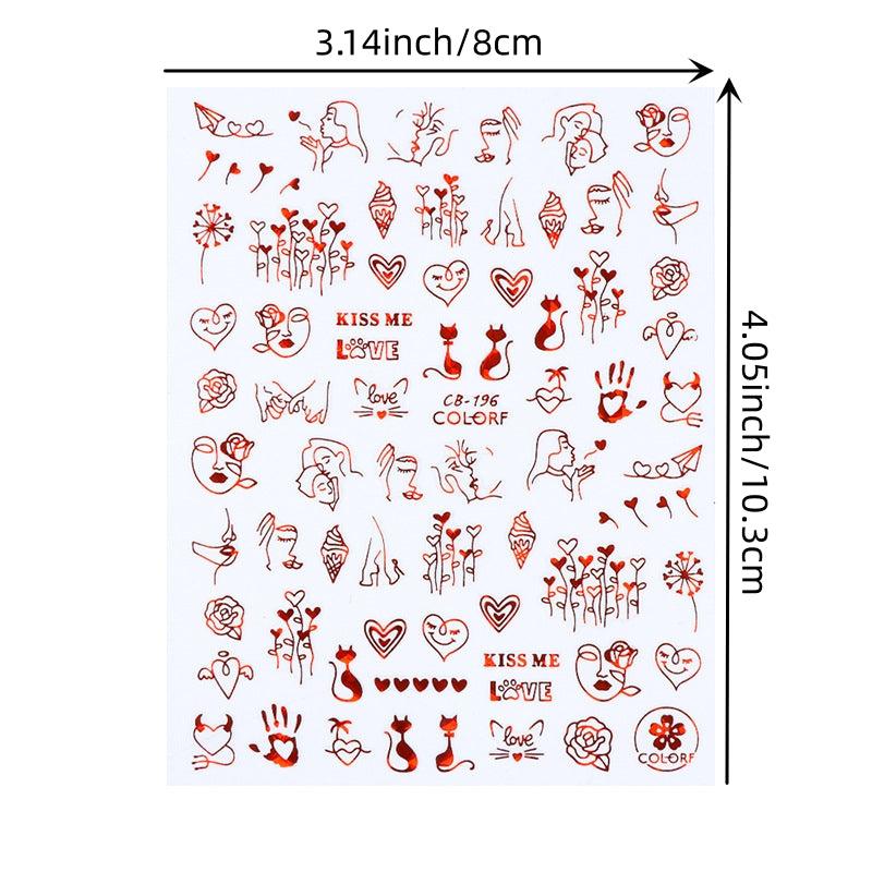 2 Sheets Red Heart Rose Nail Art Stickers For Valentine's Day