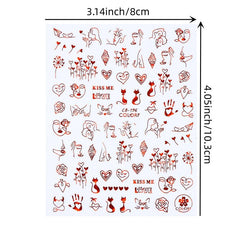 2 Sheets Red Heart Rose Nail Art Stickers For Valentine's Day