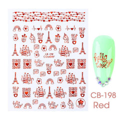 2 Sheets Red Heart Rose Nail Art Stickers For Valentine's Day