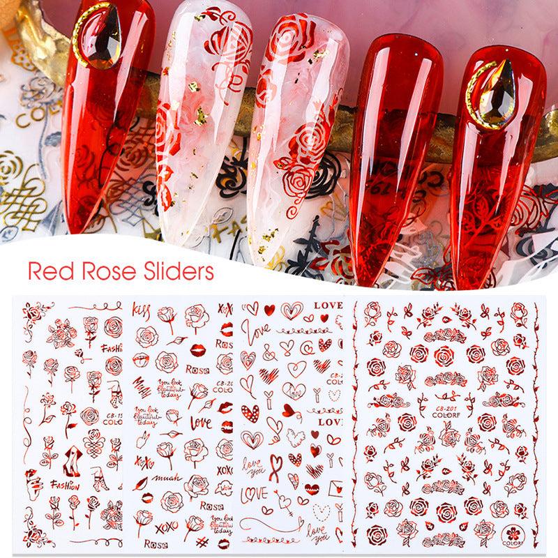 2 Sheets Red Heart Rose Nail Art Stickers For Valentine's Day