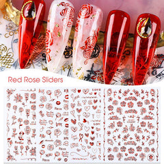 2 Sheets Red Heart Rose Nail Art Stickers For Valentine's Day