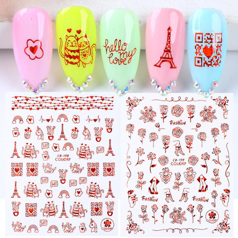 2 Sheets Red Heart Rose Nail Art Stickers For Valentine's Day