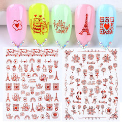 2 Sheets Red Heart Rose Nail Art Stickers For Valentine's Day