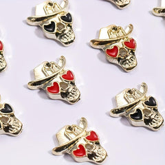 10pcs Halloween Skull Nail Charms with Heart Rhinestone 3D Alloy Gem Accessories