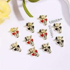 10pcs Halloween Skull Nail Charms with Heart Rhinestone 3D Alloy Gem Accessories
