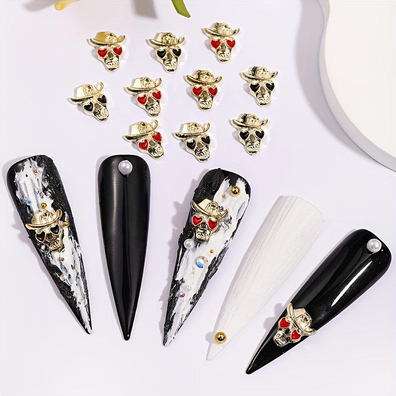 10pcs Halloween Skull Nail Charms with Heart Rhinestone 3D Alloy Gem Accessories