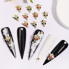 10pcs Halloween Skull Nail Charms with Heart Rhinestone 3D Alloy Gem Accessories