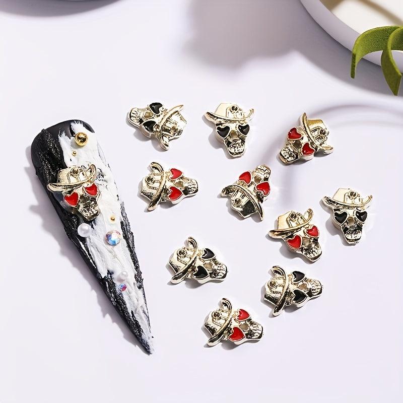 10pcs Halloween Skull Nail Charms with Heart Rhinestone 3D Alloy Gem Accessories