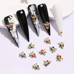 10pcs Halloween Skull Nail Charms with Heart Rhinestone 3D Alloy Gem Accessories