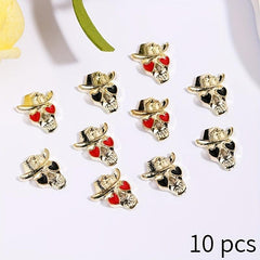 10pcs Halloween Skull Nail Charms with Heart Rhinestone 3D Alloy Gem Accessories