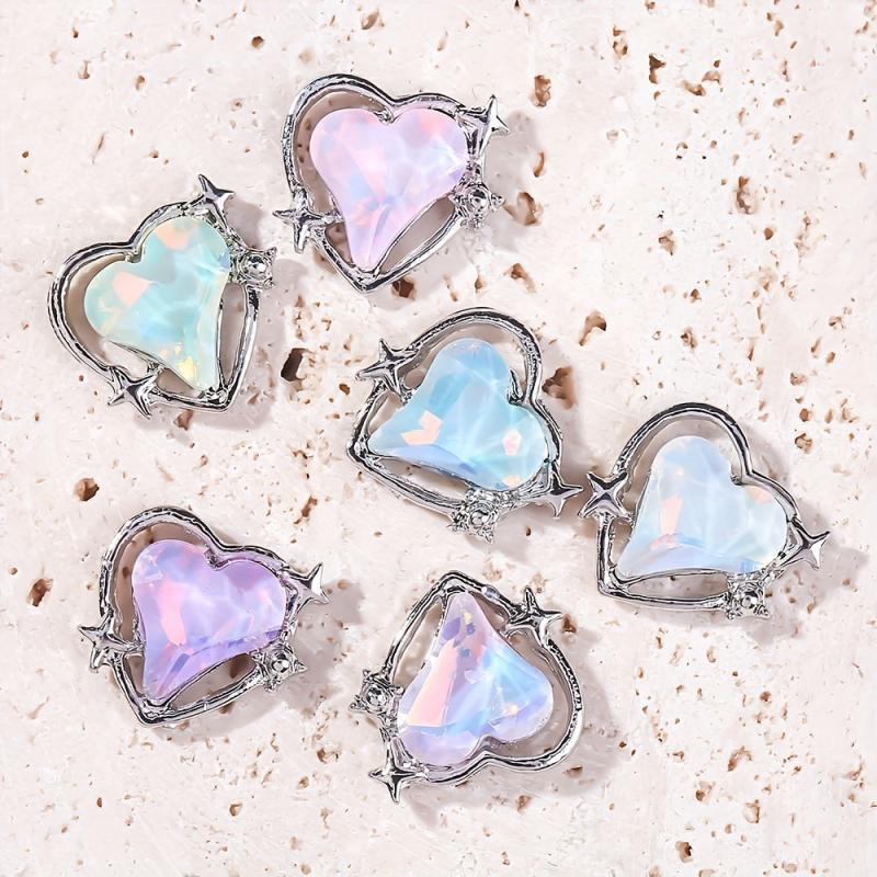 6pcs Crook Heart Nail Art Charm Aurora Rhinestones Nail Art Jewelry