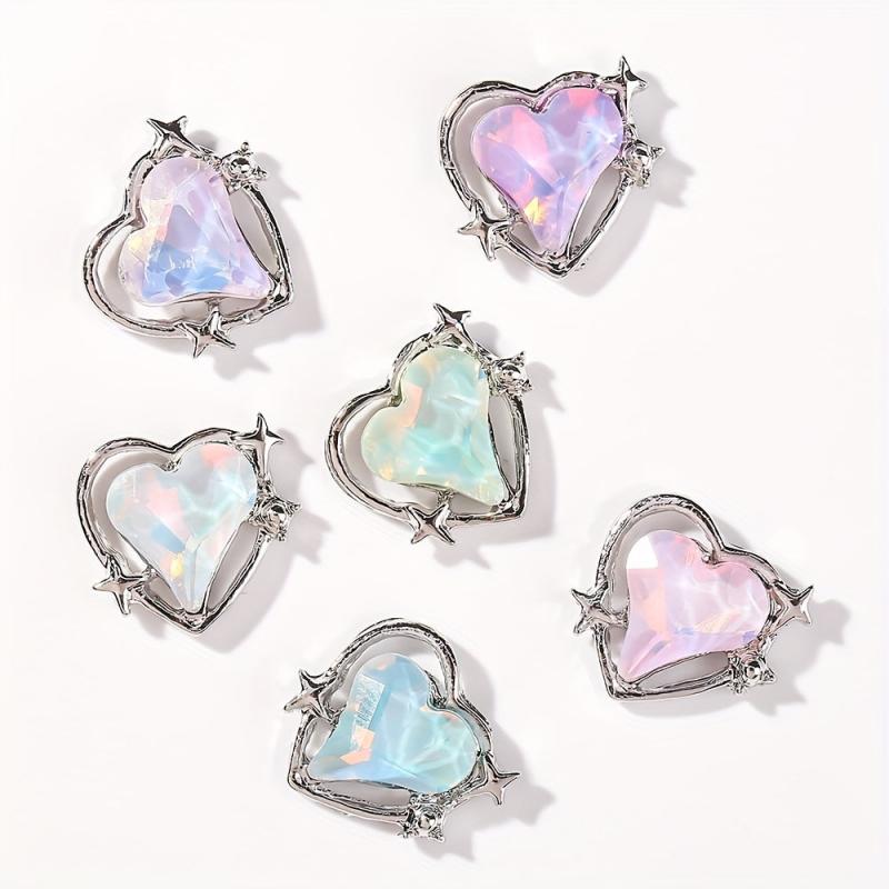 6pcs Crook Heart Nail Art Charm Aurora Rhinestones Nail Art Jewelry
