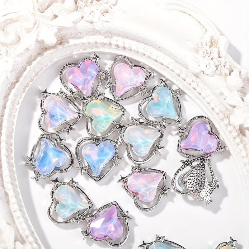 6pcs Crook Heart Nail Art Charm Aurora Rhinestones Nail Art Jewelry