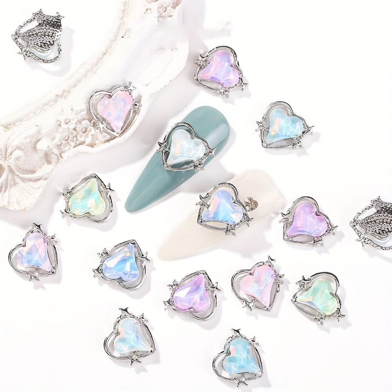 6pcs Crook Heart Nail Art Charm Aurora Rhinestones Nail Art Jewelry