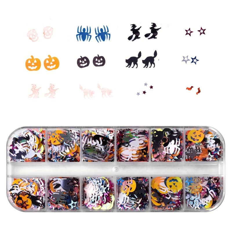 12 Grid Halloween Nail Glitter Flakes Spider Skull Pumpkin Nail Art
