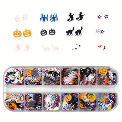 12 Grid Halloween Nail Glitter Flakes Spider Skull Pumpkin Nail Art