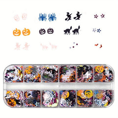 12 Grid Halloween Nail Glitter Flakes Spider Skull Pumpkin Nail Art