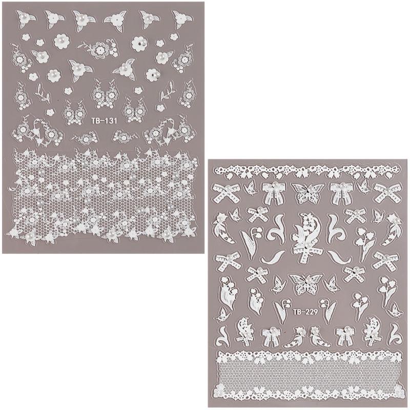 2pcs 5D Lace Flower & Pearl Nail Art Stickers Self Adhesive Decals