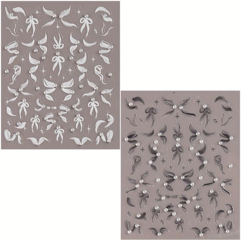 2pcs 5D Lace Flower & Pearl Nail Art Stickers Self Adhesive Decals