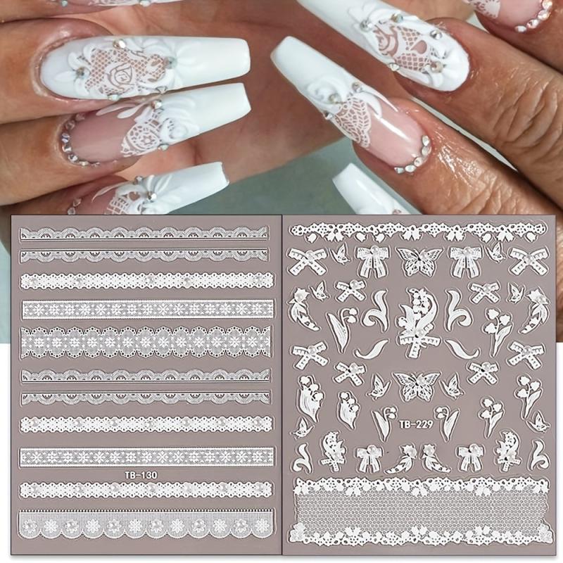2pcs 5D Lace Flower & Pearl Nail Art Stickers Self Adhesive Decals