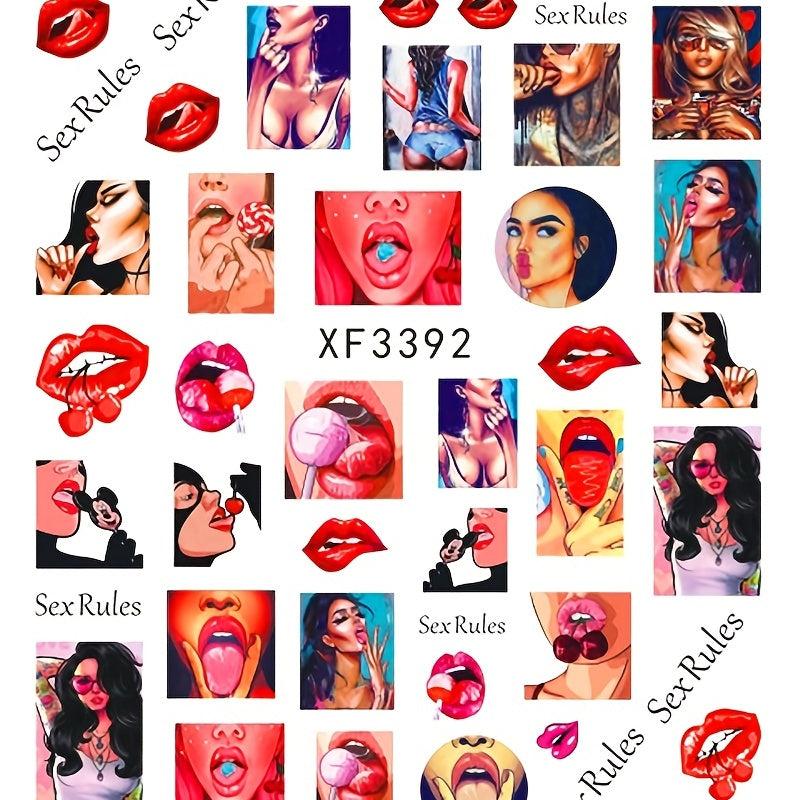 3D Nail Art Stickers Red Lip Decals Lips Rose Flower Polish Decals