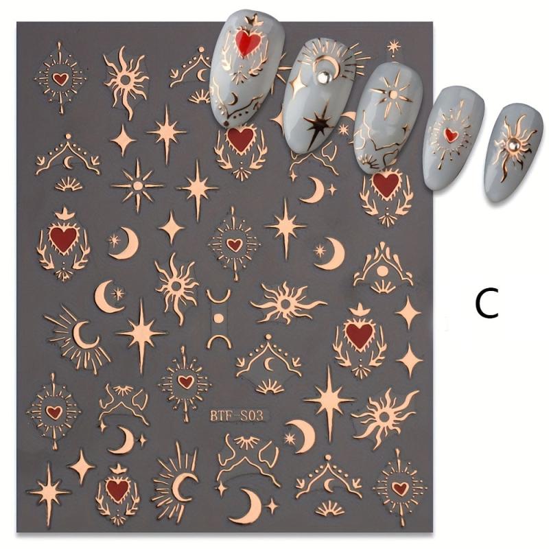 3pcs Sun Star Moon Nail Art Stickers Self Adhesive Golden Silvery Bronzing