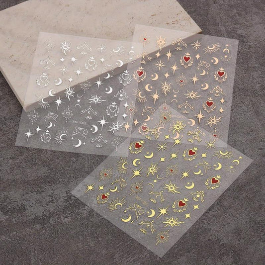 3pcs Sun Star Moon Nail Art Stickers Self Adhesive Golden Silvery Bronzing