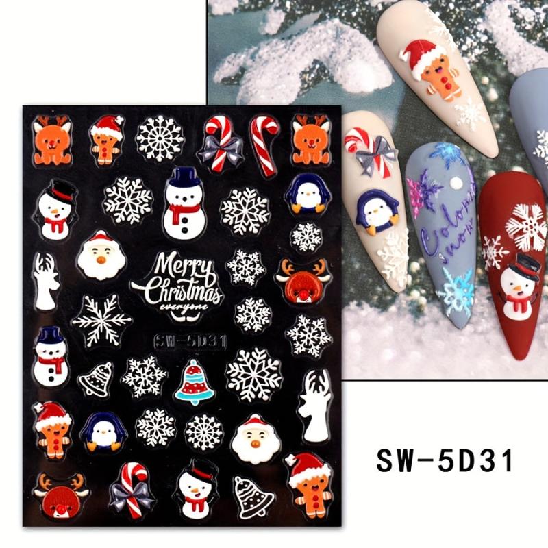 5D Embossed Christmas Nail Art Stickers - Santa Claus Snowflake Snowman