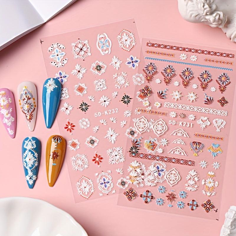 Bohemian Style Lace Nail Art Stickers 5D Self Adhesive Retro Nail Decor