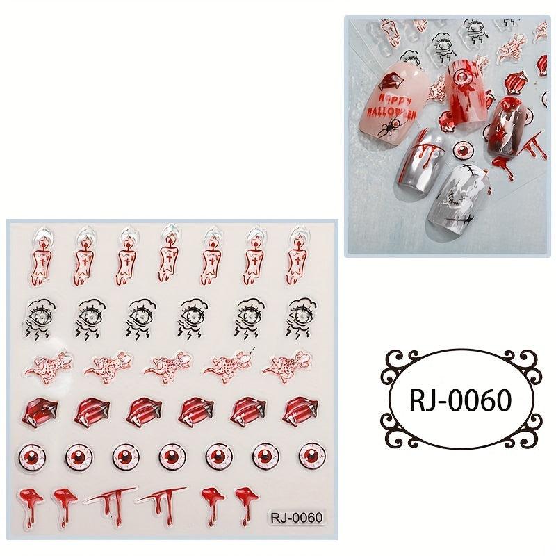 5D Embossed Halloween Nail Art Stickers Skull Spider Heart