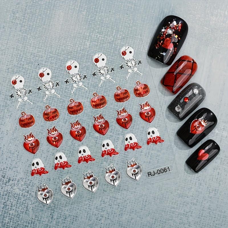 5D Embossed Halloween Nail Art Stickers Skull Spider Heart
