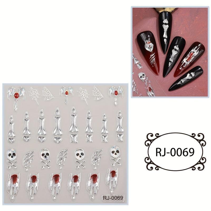 5D Embossed Halloween Nail Art Stickers Skull Spider Heart