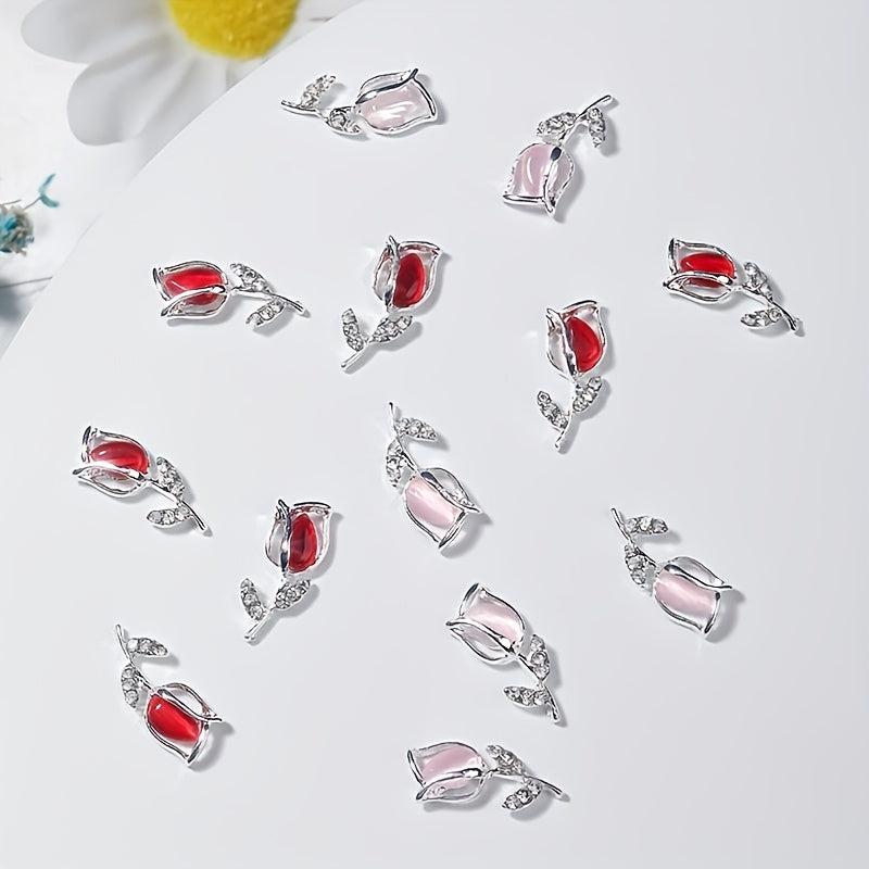 10pcs 3D Alloy Tulip Nail Charms with Rhinestones Nail Art Jewelry