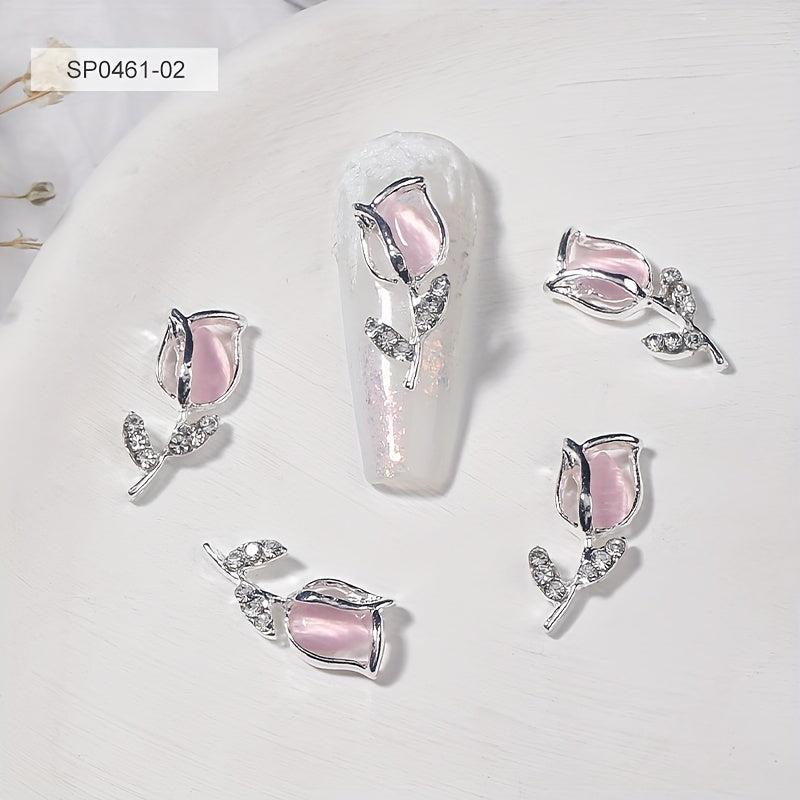 10pcs 3D Alloy Tulip Nail Charms with Rhinestones Nail Art Jewelry