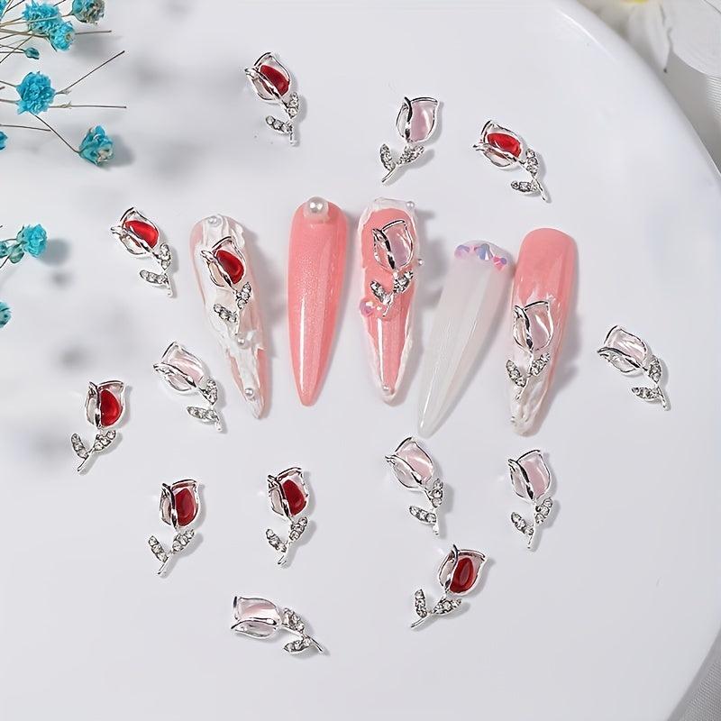 10pcs 3D Alloy Tulip Nail Charms with Rhinestones Nail Art Jewelry