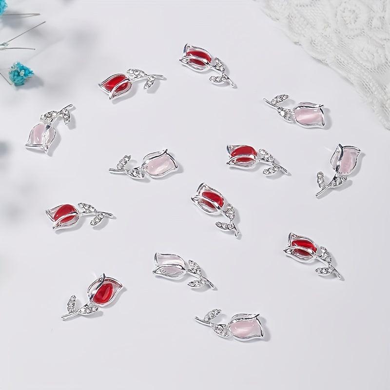 10pcs 3D Alloy Tulip Nail Charms with Rhinestones Nail Art Jewelry