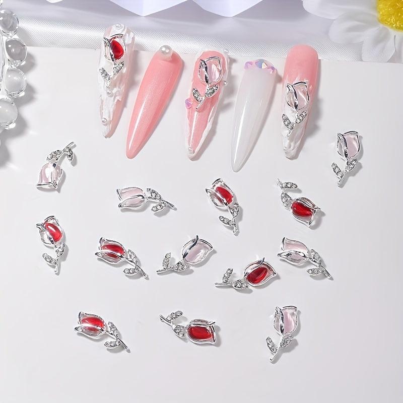 10pcs 3D Alloy Tulip Nail Charms with Rhinestones Nail Art Jewelry