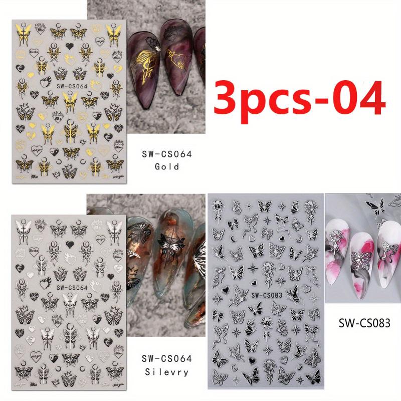 3D Metallic Nail Art Stickers Ink Butterfly Moon Heart - 3Pcs Set