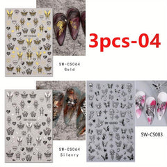 3D Metallic Nail Art Stickers Ink Butterfly Moon Heart - 3Pcs Set