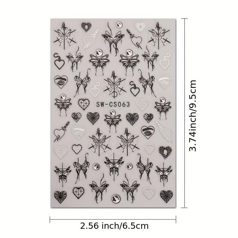 3D Metallic Nail Art Stickers Ink Butterfly Moon Heart - 3Pcs Set