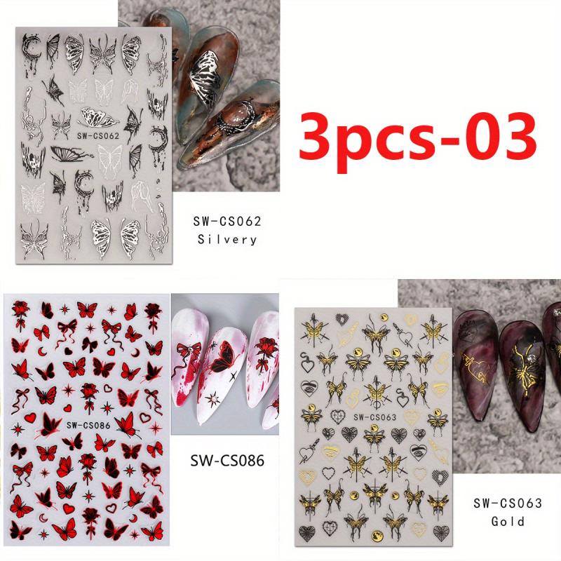 3D Metallic Nail Art Stickers Ink Butterfly Moon Heart - 3Pcs Set