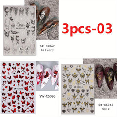 3D Metallic Nail Art Stickers Ink Butterfly Moon Heart - 3Pcs Set