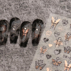 3D Metallic Nail Art Stickers Ink Butterfly Moon Heart - 3Pcs Set