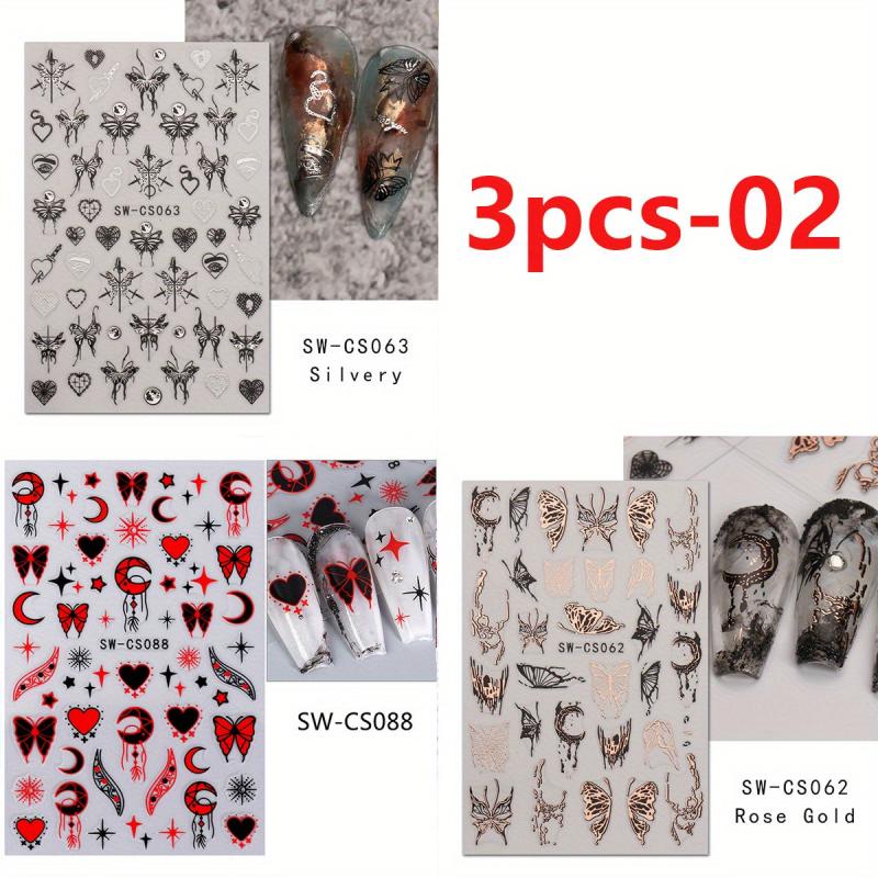 3D Metallic Nail Art Stickers Ink Butterfly Moon Heart - 3Pcs Set