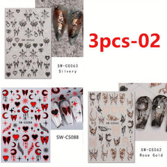 3D Metallic Nail Art Stickers Ink Butterfly Moon Heart - 3Pcs Set