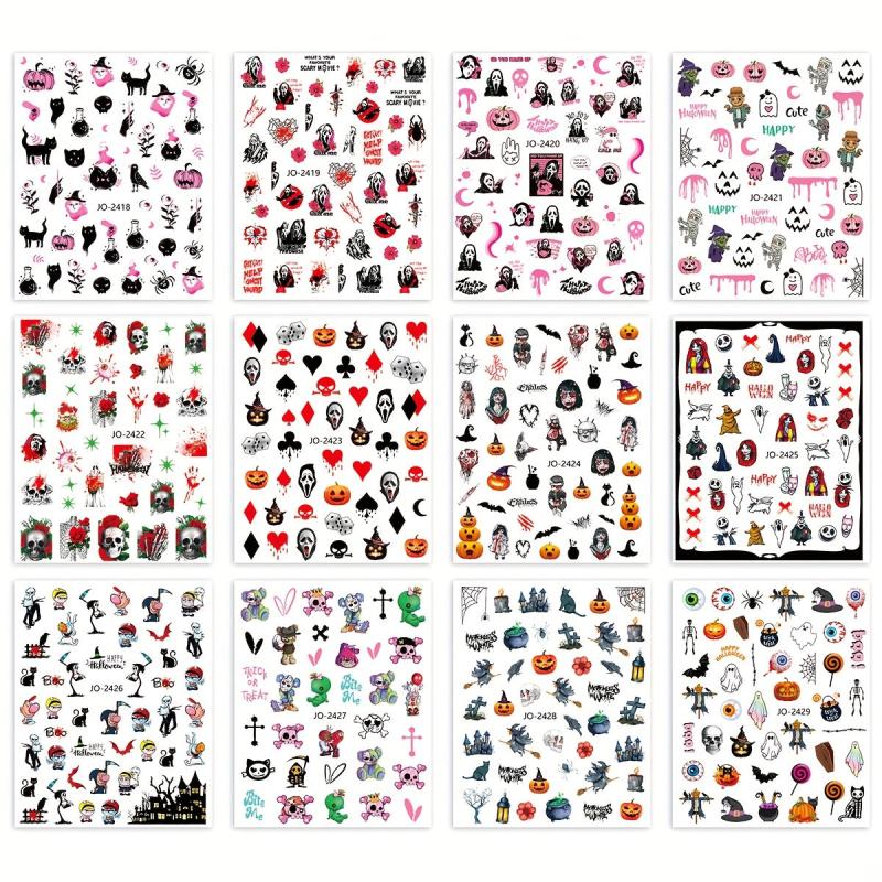 12pcs Halloween Nail Art Stickers Pumpkin Skull Cat