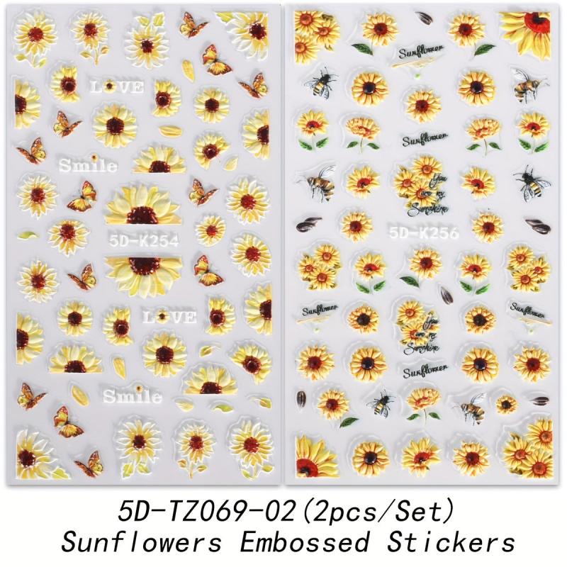 3D Sun Flower Nail Art Stickers Decals 2 Sheets Self Adhesive Nail Supplies